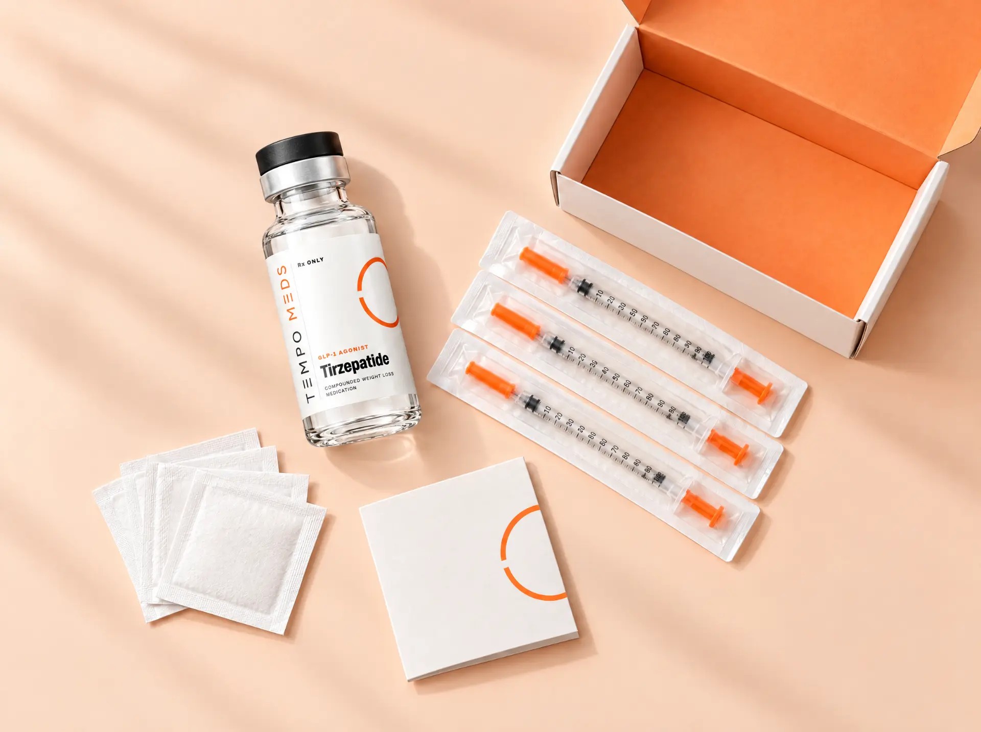 Tempo Meds tirzepatide kit: vial, syringes, alcohol pads, dosing card and box