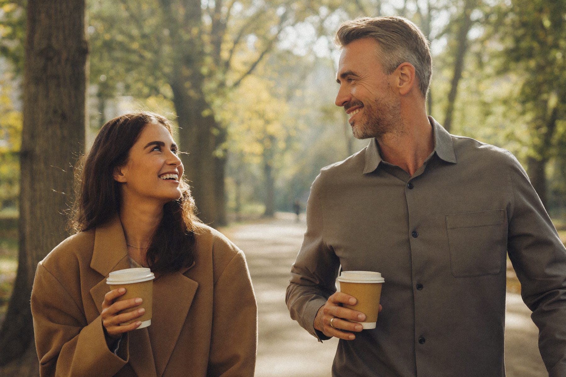 A couple walking through a sunny park with coffees