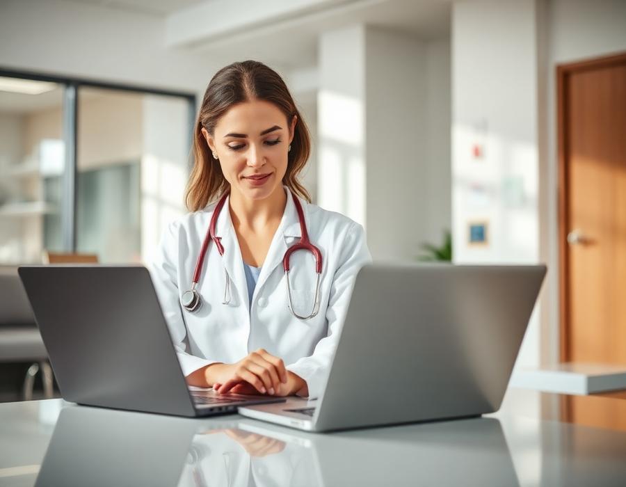 Physician reviewing patient chart on a laptop
