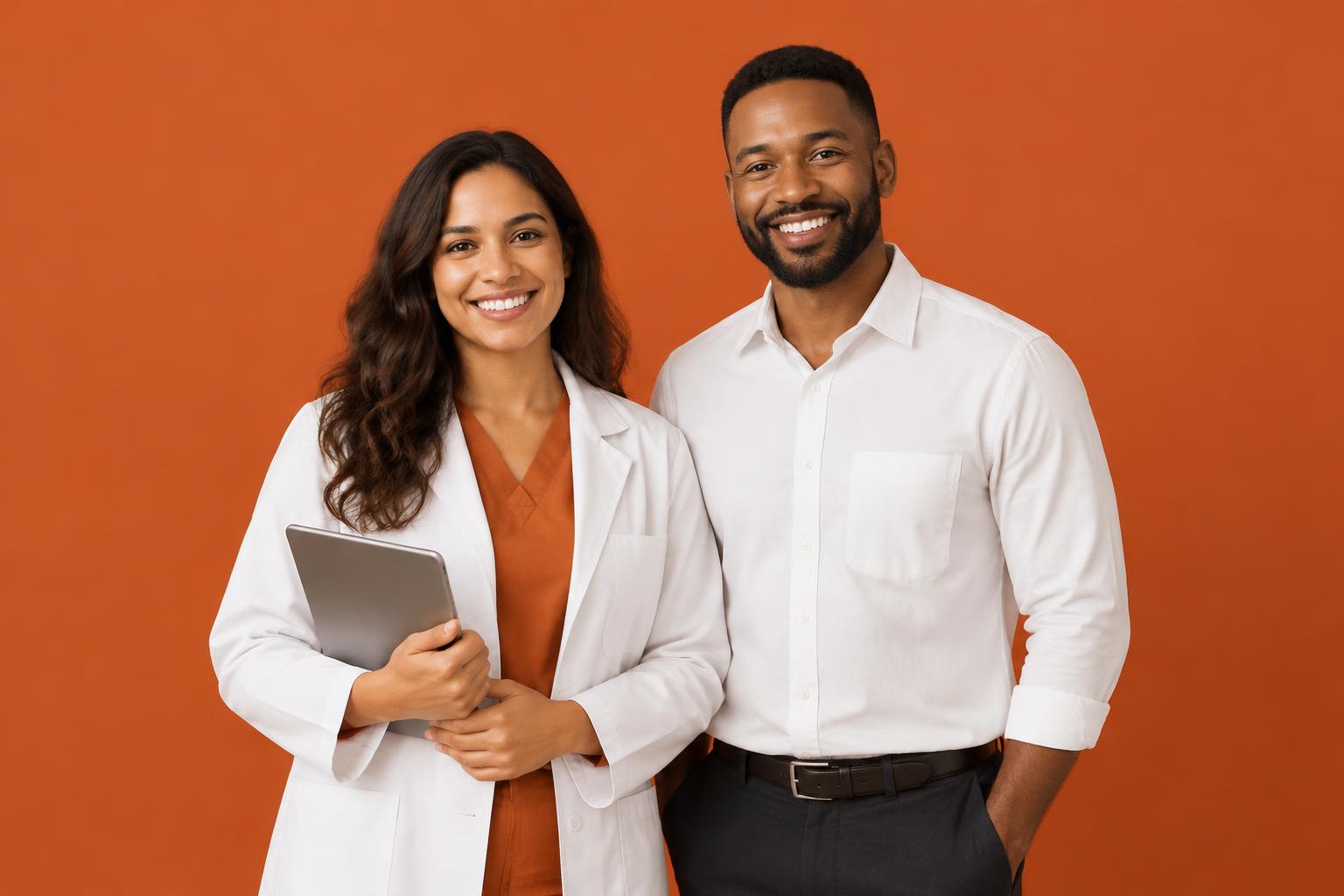 Illustrative care and support team on an orange background